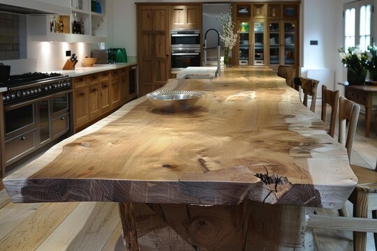 Beautiful live edge wooden dining table is the centerpiece of this modern rustic kitchen
