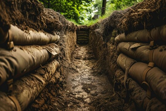 Sandbags protecting a muddy trench in the forest, illustrating historical warfare