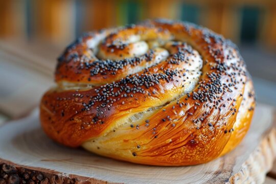 Freshly baked spiral bread with poppy seeds sits on a wooden surface, creating a tempting image of warmth and flavor