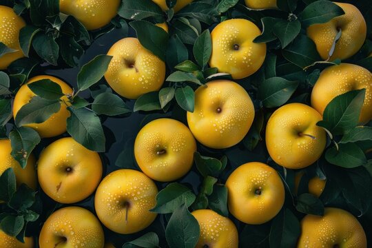 Ripe yellow apples with green leaves and water droplets, floating on dark water, creating a vibrant and refreshing scene