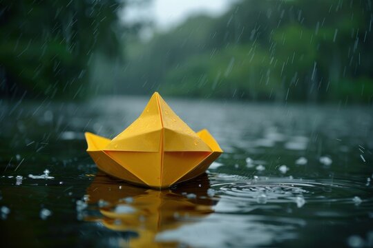 Origami paper boat floating on water surface with raindrops and blurred background