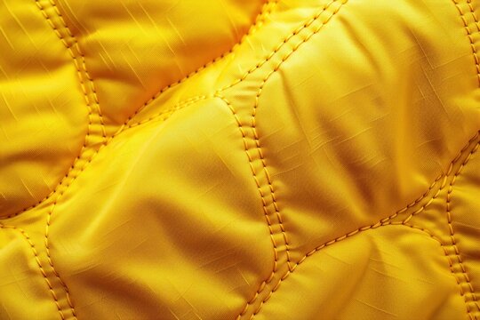 Close up of yellow quilted down jacket filling, showing stitching detail and texture