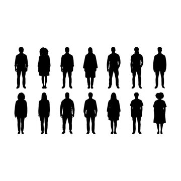 Set of diverse silhouettes standing in a row