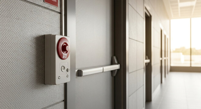 Emergency door release button on modern wall.