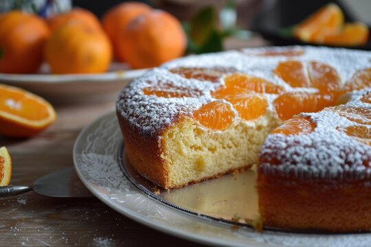 Freshly baked orange cake decorated with orange slices and icing sugar, sitting on a plate on a wooden table