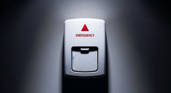 Emergency push button on white wall panel.