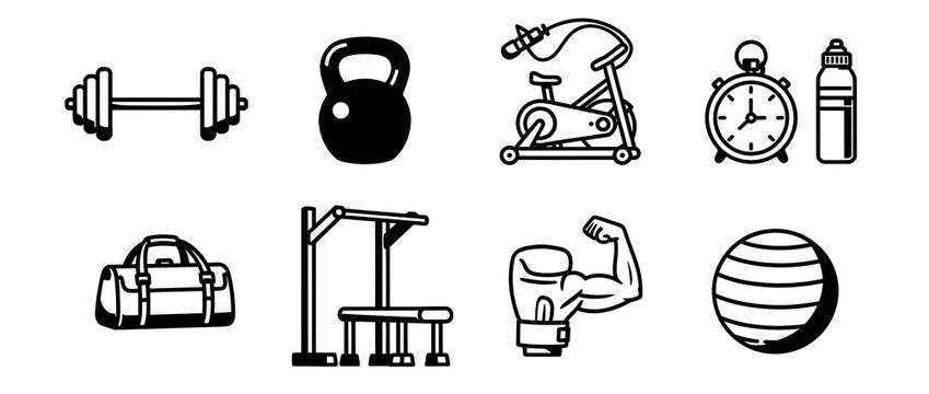 Fitness icons demonstrate various gym training equipment.