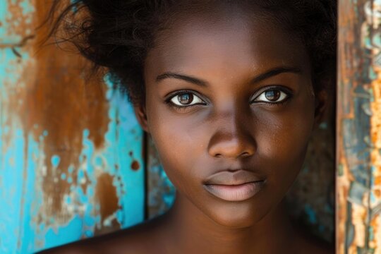 Portrait of a beautiful young african woman with dark skin and curly hair, posing in front of a weathered blue and brown wall
