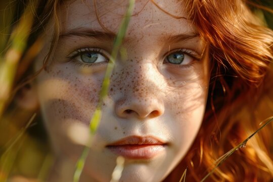 Close up portrait of a beautiful young redhead girl with freckles hiding in tall grass