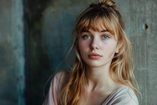 Blonde woman with blue eyes and freckles posing in front of concrete wall, looking at camera