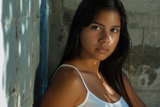 Portrait of a beautiful young latin woman leaning against a weathered wall, with sunlight filtering through holes, creating an evocative play of light and shadow