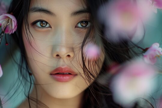 Close up portrait of attractive young woman enjoying cherry blossom season