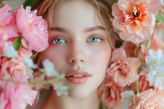 Close up beauty portrait of a young woman with blue eyes and perfect skin posing among pink and peach flowers
