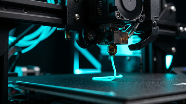 3D printer nozzle extruding glowing filament onto textured surface