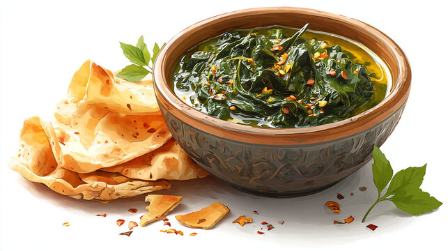 Traditional indian saag dish in ceramic bowl with fresh naan bread.