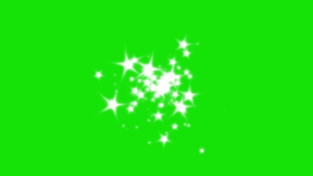 White sparkling stars glitter burst animation, magic fairy dust trail, twinkling glow particles, seamless transition effect on green background, 4K motion graphics overlay