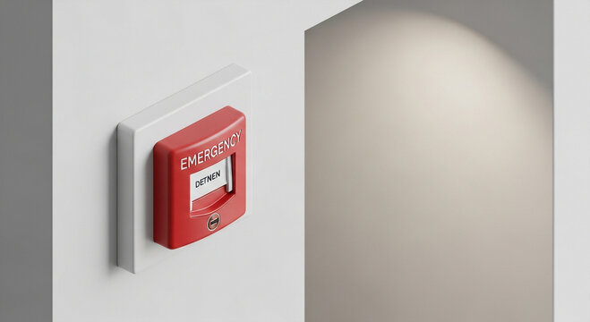 Red fire alarm box mounted on a clean wall.
