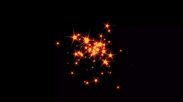 Shining golden glitter particles falling with sparkling stars, bright red glowing animation, seamless festive loop, black screen background, elegant 4K visual effects