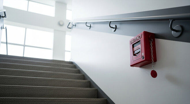 Red fire alarm box mounted on white wall near stairs.