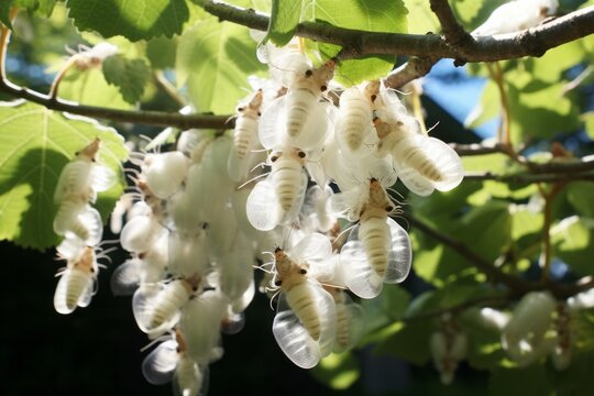 Cluster of white insects resting on green leaves, showcasing intricate details of their bodies and wings, highlighting nature's beauty and biodiversity in a vibrant environment