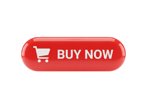Red Buy Now button with shopping cart icon. Glossy web call to action element isolated.