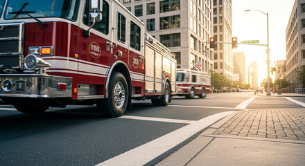 Fototapeta premium Red fire truck responding to emergency call in city.