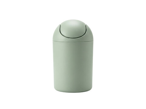Small green trash can isolated on white. Desktop waste bin for office or home organization.