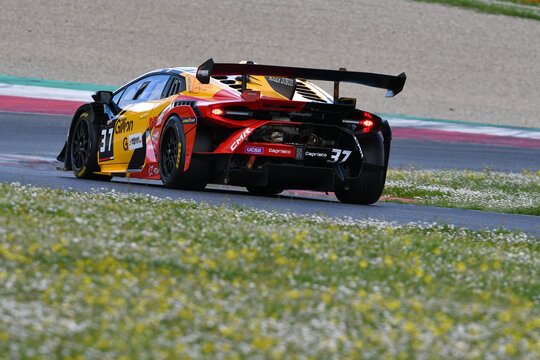 Scarperia, Italy - April 25th 2025: Lamborghini Super Trofeo Evo 2 in action during Ultimate Cup Series at Mugello Circuit in Italy.