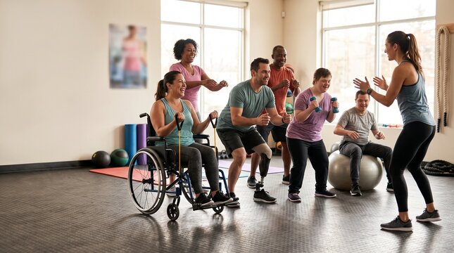 Inclusive Fitness Class: A group of diverse individuals, including people with disabilities, participate in an energizing fitness class led by an instructor.