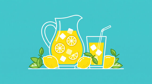 Fresh homemade lemonade pitcher with sliced lemons and ice cubes on blue background with measurement infographic and summer celebration theme lemon juice day lemonade refreshing