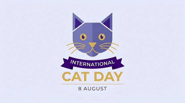 International cat day celebration badge with a cute purple cat head graphic design