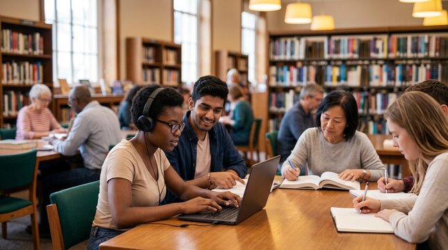 Study Session in Library: A diverse group of students and adults collaborate and study in a classic library setting, surrounded by bookshelves and bathed in warm, natural light.