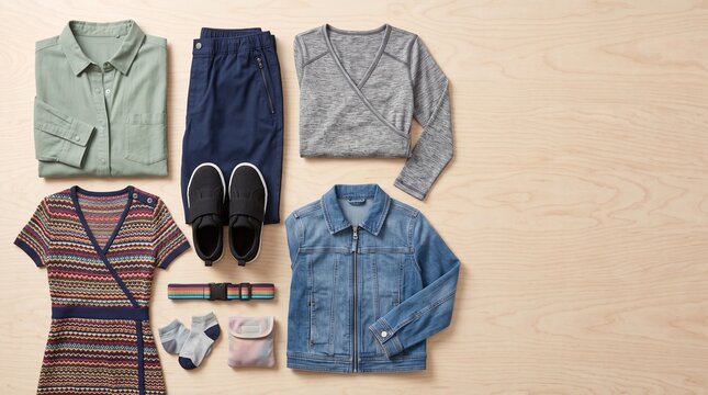Casual Outfit Arrangement: A neatly folded collection of everyday clothing items, including a denim jacket, patterned dress, and comfortable shoes, are artfully arranged on a light wooden surface.