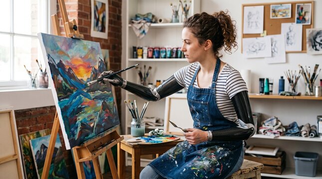 Artist with Prosthetic Arms Painting Landscape