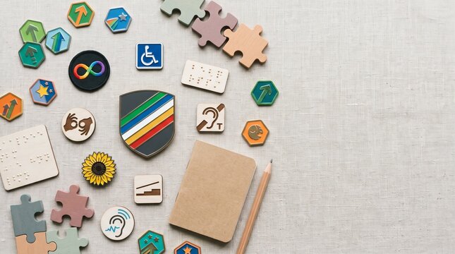 Symbols of Inclusion and Diversity: A collection of badges, puzzle pieces, and a notebook adorned with symbols representing inclusion, diversity, and accessibility.
