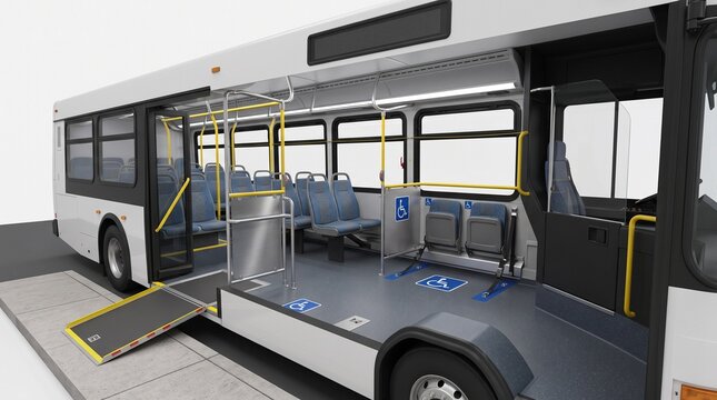 Public Transport: Interior view of a modern accessible bus, highlighting its spacious design, designated seating areas, and ramp for passenger convenience.