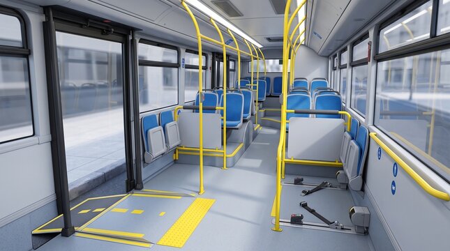 Public Transport Interior: The empty interior of a modern bus, showcasing rows of blue seats, yellow handrails, and large windows offering a glimpse of the cityscape outside.