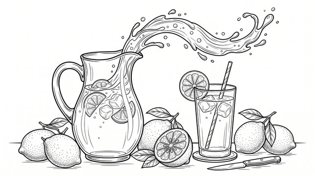 Hand-drawn vintage illustration of lemon juice extraction process with lemon halves squeezer measuring cup for national lemon juice day kitchen utensile kitchen tool
