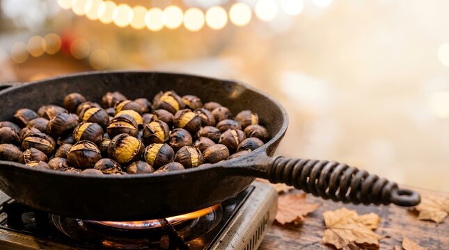 Roasted chestnuts in a cast iron pan. Hot autumn street food snack cooking outdoors.
