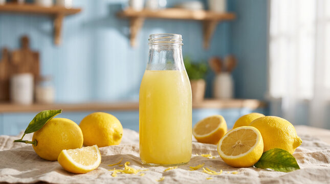 Freshly squeezed lemon juice in glass pitcher with whole lemons and citrus squeezer on rustic wooden table for summer beverage recipe and national lemon juice day celebration