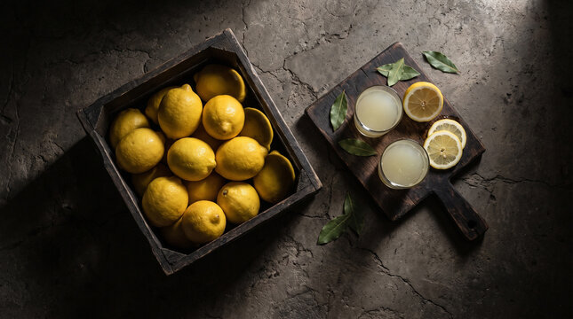Freshly squeezed lemon juice in a glass pitcher with whole lemons and a lemon squeezer on a rustic wooden table for national lemon juice day celebration kitchen utensile squeezer