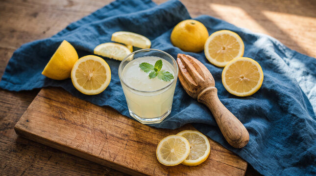 Wooden cutting board with sliced lemons whole lemons a small white bowl of lemon juice on a rustic blue cloth background juice day kitchen utensile ingredient refreshing