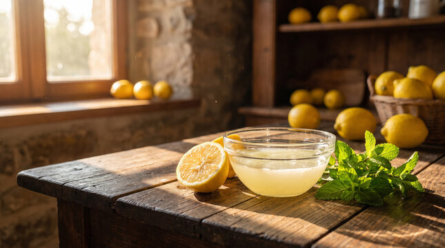 Wooden cutting board with sliced lemon wedges whole lemons fresh mint on kitchen counter with natural lighting for summer cooking and recipe preparation lemon juice day