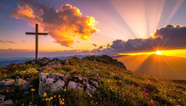 Christian cross on a hill at golden sunset.
