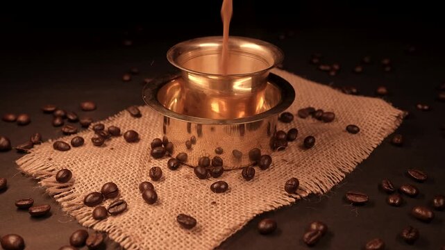A Serving traditional south indian filter coffee in a brass cup
