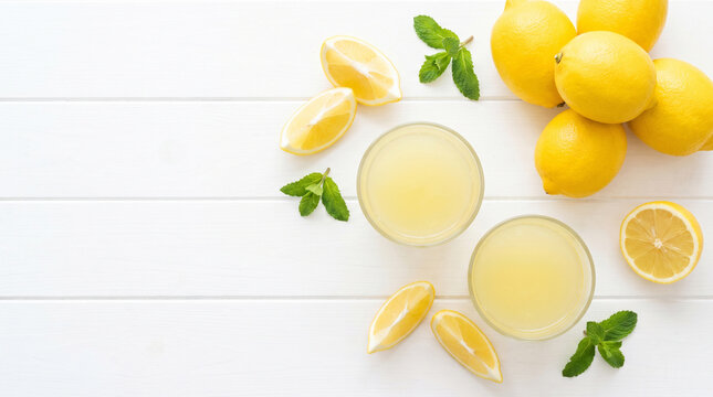 Freshly squeezed lemon juice in glass pitcher with whole lemons and lemon slices on white kitchen countertop infographic style lemon day kitchen utensile white background