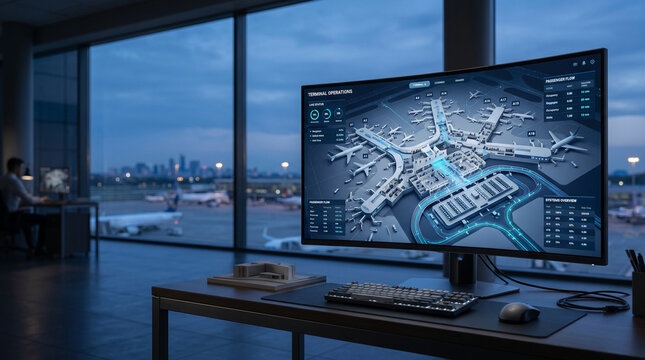 Airport operations dashboard displays terminal map and passenger flow data