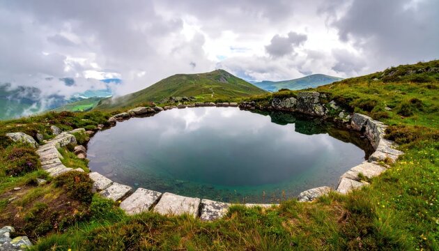 Circular stone water well in green mountain landscape.
