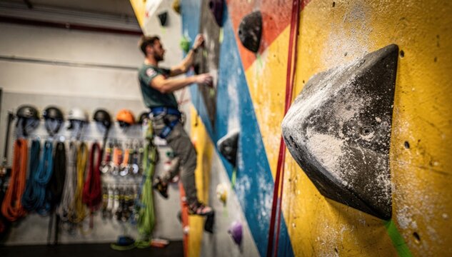 Staff member testing a new climbing route on a brightly painted wall medium shot with main hold sharp foreground and softly blurred gear racks behind.