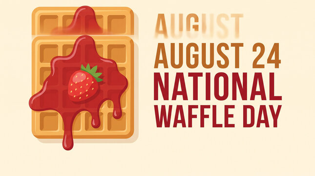 National waffle day poster with a stack of waffles topped with red berries and syrup august 24th colorful digital illustration for food celebration food photography hot drink